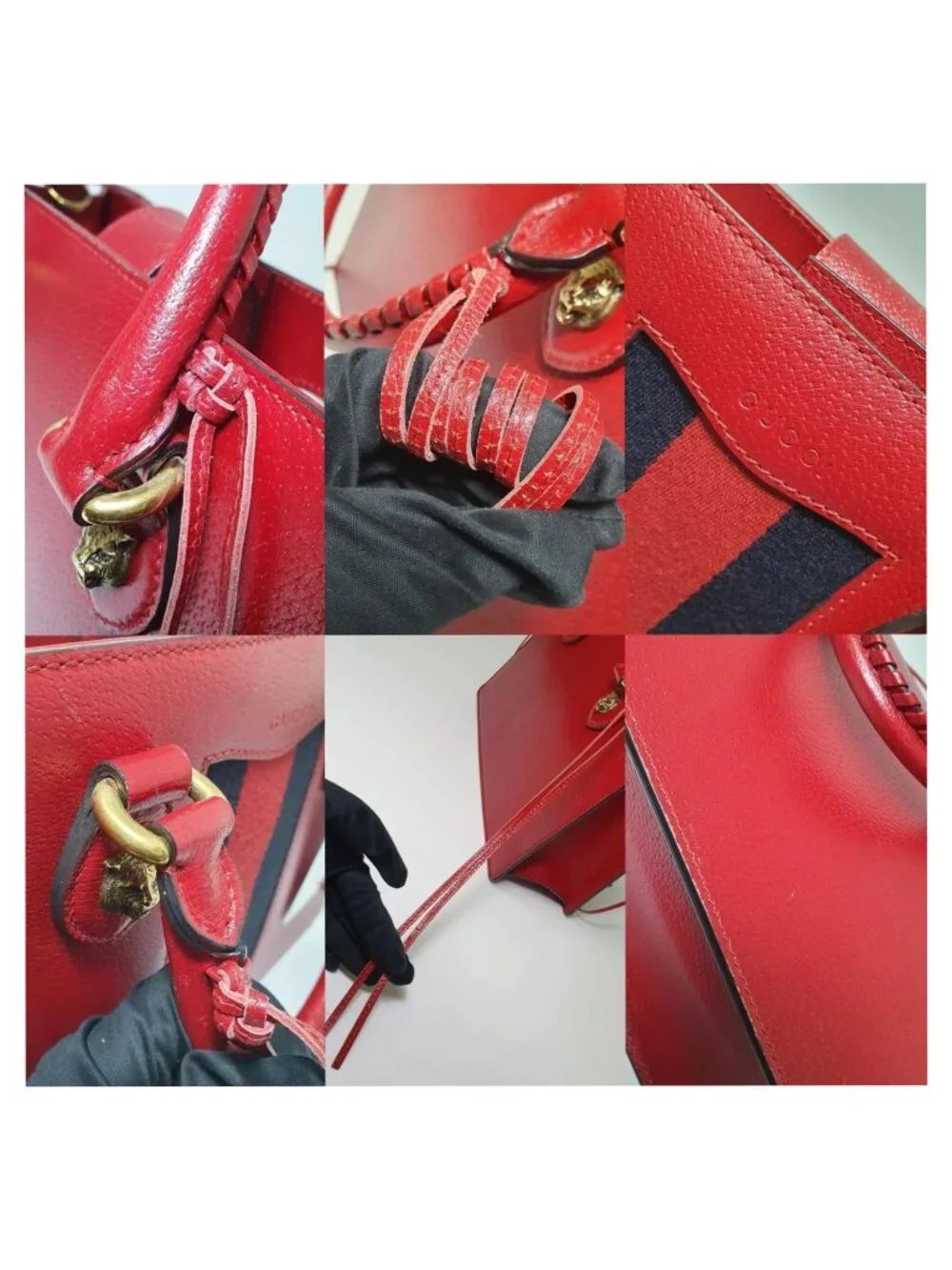 Authentic Gucci Animalier Web Leather Tote Bag Red